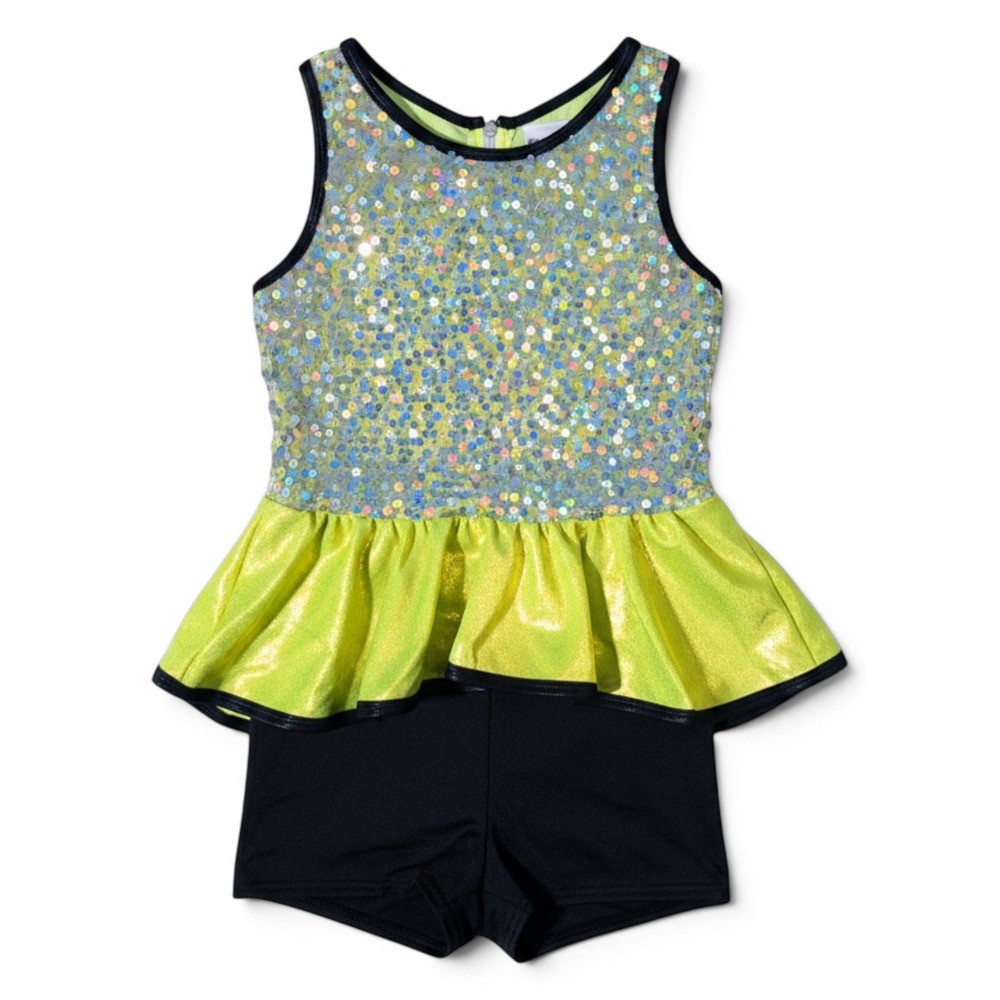 Curtain Call Costumes Dance Leotard Childrens Large Neon Yellow Sequin Peplum